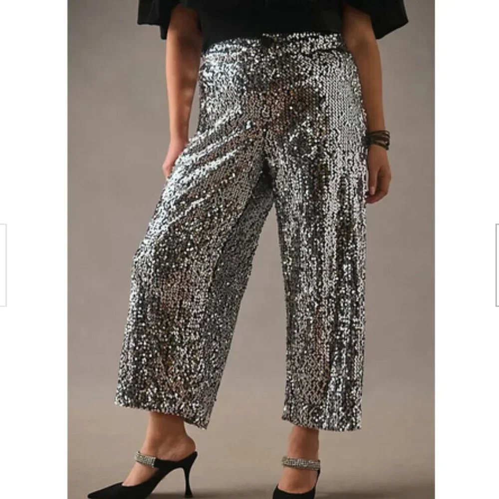 Anthropologie Silver Sequin Wide-Leg Pants - Picture 2 of 9